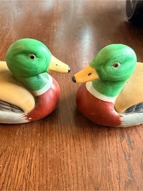 SPair of Ceramic Mallard Duck Figurines in Green, Red, Yellow + Vintage Duck